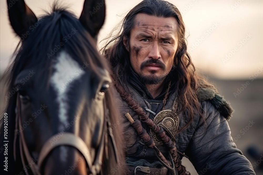 Portrait of a man with a horse in the foreground. Shallow depth of field. Portrait of a man with a horse in the foreground. Shallow depth of field.