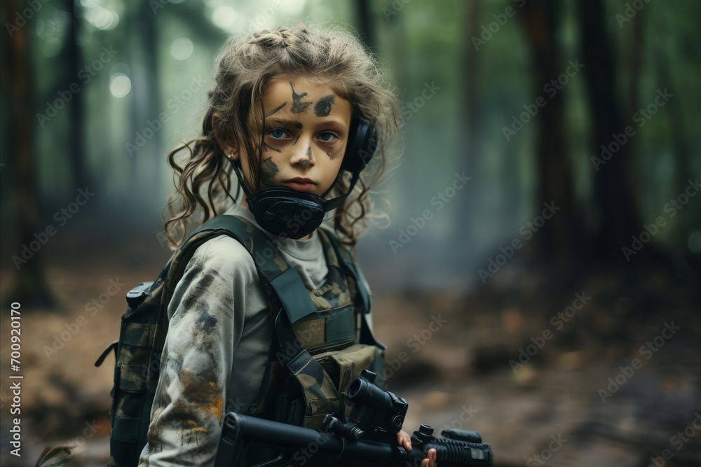 Portrait of a girl with a machine gun on the background of the forest