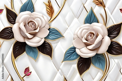Golden Elegance Seamless Pattern of White Leather Strips with Diamond and Multicolor Rose Flowers and Leaves. 3D Abstraction Inteiror Mural Wall art Decor Wallpaper for Living Room