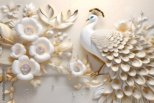 Luxury Elegance Leather Base 3D Design Illustration of White and Golden Color Combination Seamless Pattern Flowers with Diamonds and Peacock. 3D Abstraction Wallpaper