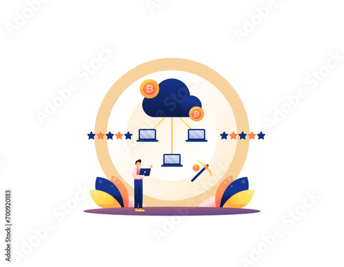 a concept illustration about mining bitcoin. crypto mining system. get bitcoins by mining. business and blockchain. cartoon illustration concept design. graphic elements. vector