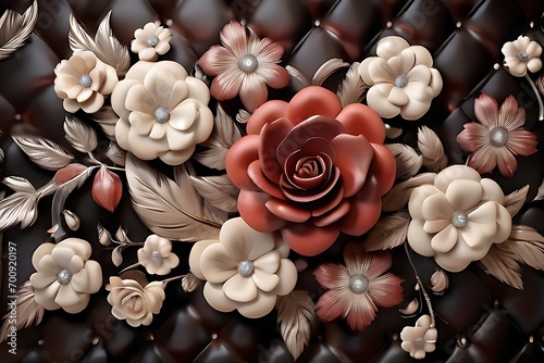 Luxury Elegant Leather Base Upholstery with Diamond and Flowers 3D Design Illustration Background. Matelic, Victorian, Italian Interior Mural European style 3D Wallpaper
