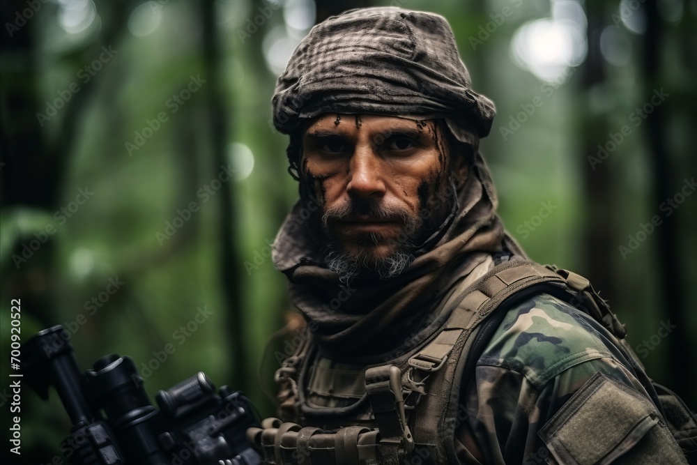 Portrait of a special forces soldier with assault rifle in the forest