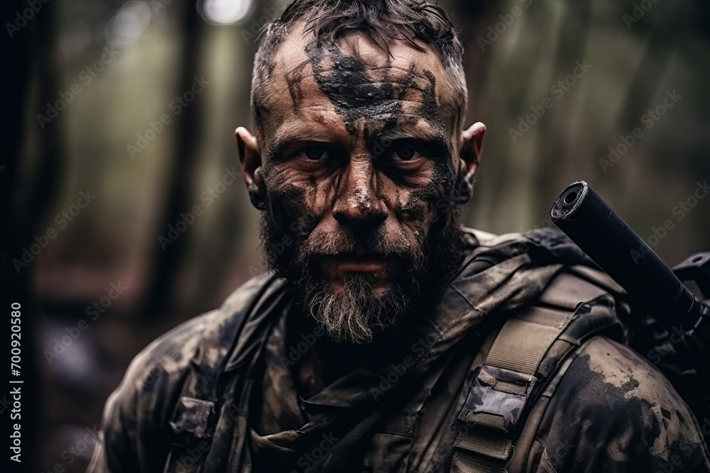 Portrait of a man with a dirty face in the forest.