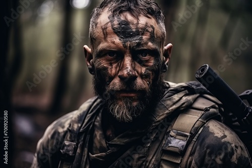 Portrait of a man with a dirty face in the forest.