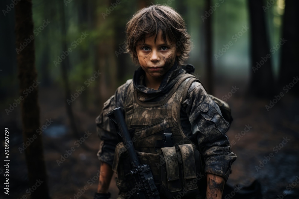 Portrait of a young soldier in the forest. Selective focus.