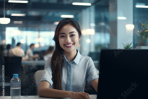 diligent young woman works seamlessly in her office, dedicated to her tasks and engaged with her laptop. Generative AI.