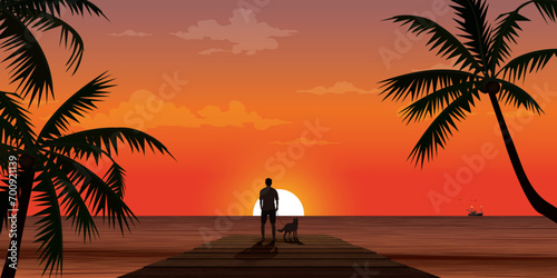Silhouetted of man with his dog on wooden pier at seaside with sunset background vector illustration. photo