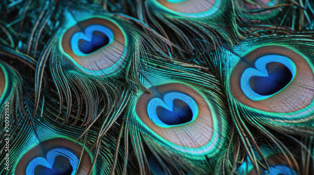 Fototapeta premium Close up illustration of blue and green peacock feathers. 