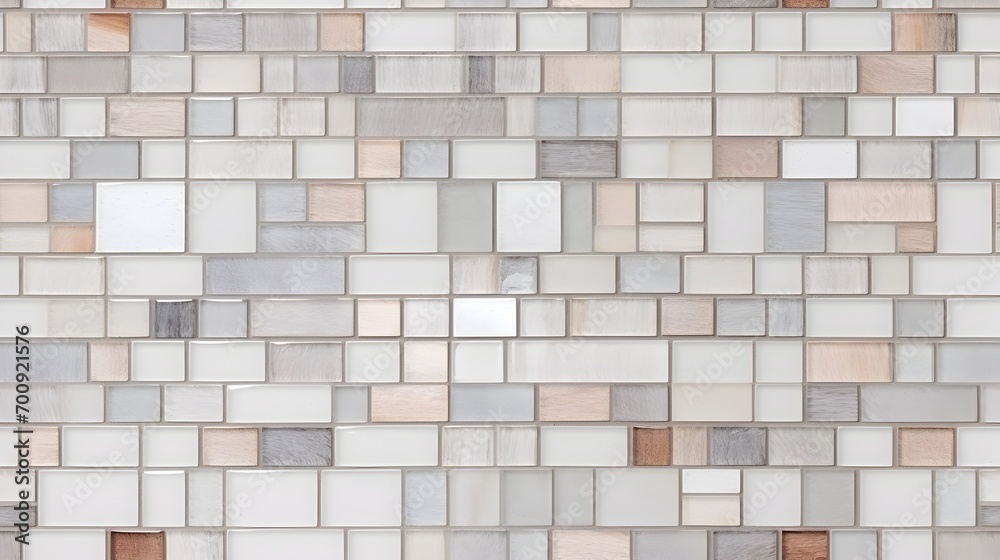 Obraz premium A close-up of a mosaic wall featuring square tiles in muted shades of beige, gray, and white, creating a modern and textured seamless surface