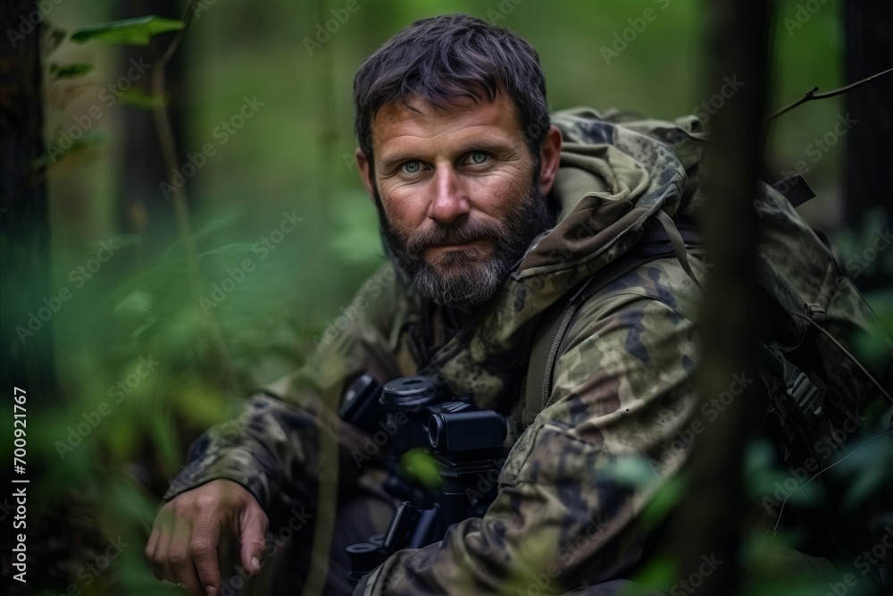 Portrait of a bearded hunter with binoculars in the forest