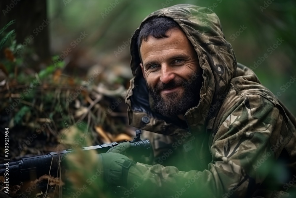 Handsome man with a beard and mustache in the forest with a machine gun