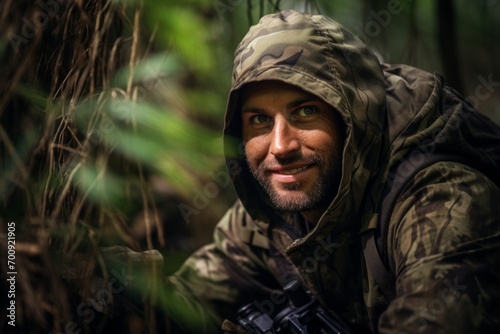 Portrait of a military man in camouflage with a weapon in the forest