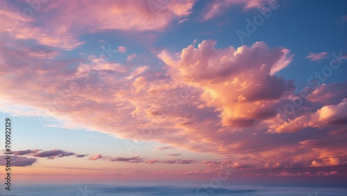 Sky at sunset with clouds in purple tones, image from the perspective of an airplane. Generative AI © CZALBERTO