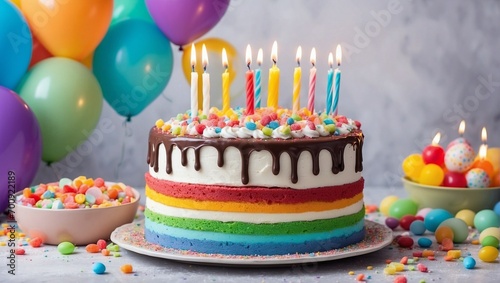 Colorful birthday cake with children's candles, multicolored balloons and sparkles, chocolate, sugar and sweets. Generative AI