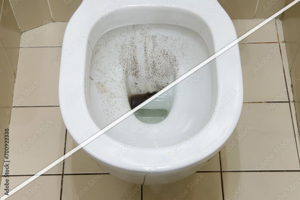 Toilet bowl before and after cleaning from dirt and clogging of the