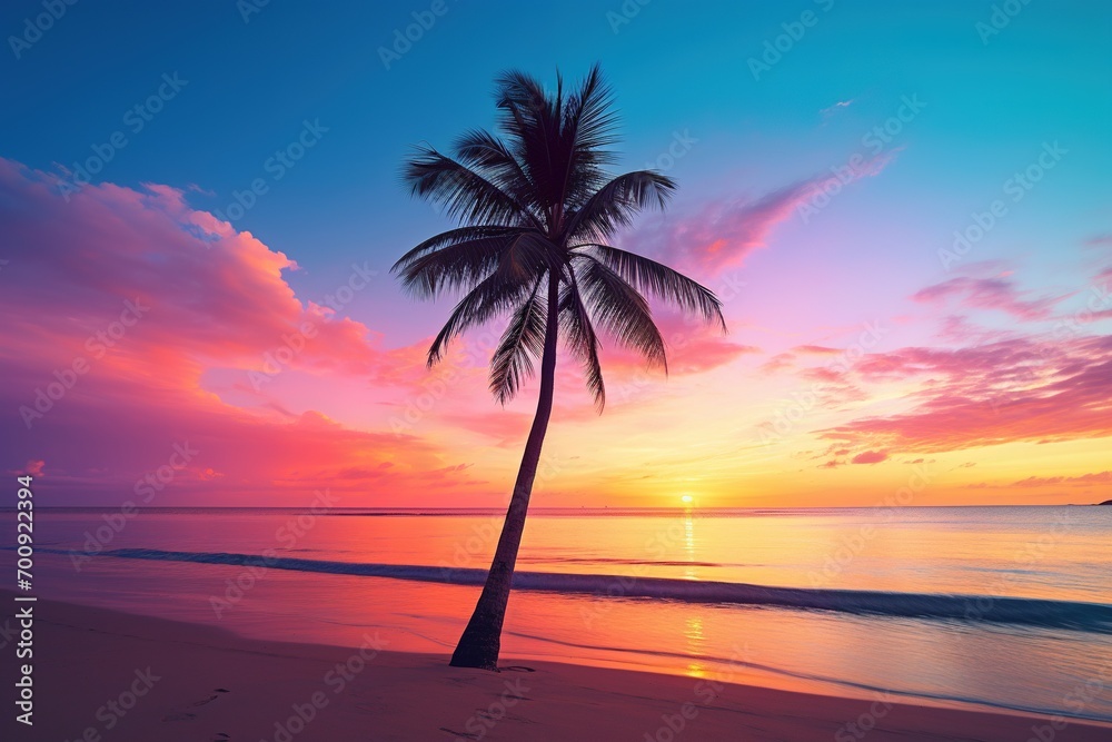 Beautiful nature tropical beach and sea with coconut palm tree at sunset time for travel and vacation