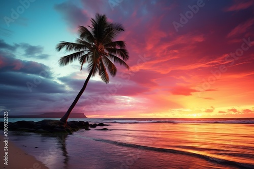 Beautiful nature tropical beach and sea with coconut palm tree at sunset time for travel and vacation © Rudsaphon