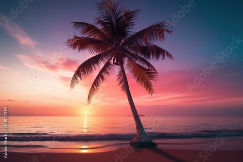 Beautiful nature tropical beach and sea with coconut palm tree at sunset time for travel and vacation