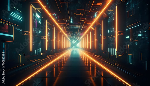 Fototapeta Naklejka Na Ścianę i Meble -  futuristic sci-fi background with neon lights and reflective tunnel motion patterns