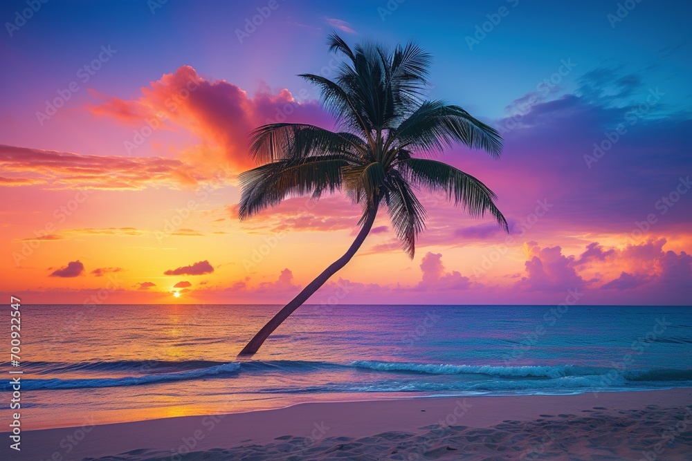 Beautiful nature tropical beach and sea with coconut palm tree at sunset time for travel and vacation