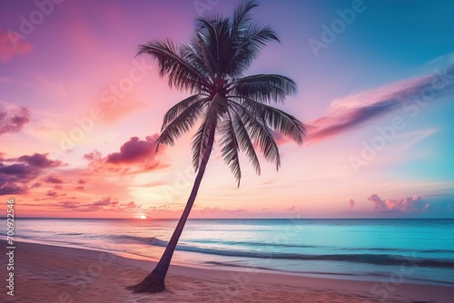 Beautiful nature tropical beach and sea with coconut palm tree at sunset time for travel and vacation