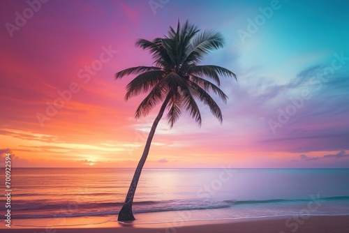 Beautiful nature tropical beach and sea with coconut palm tree at sunset time for travel and vacation © Rudsaphon