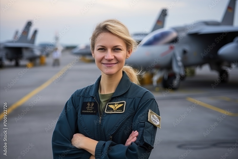 Portrait of a beautiful female pilot standing in front of the aircraft Portrait of a beautiful female pilot standing in front of the aircraft