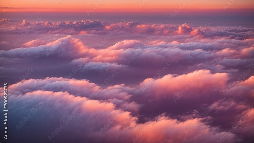 Sky at sunset with clouds in purple tones, image from the perspective of an airplane. Generative AI