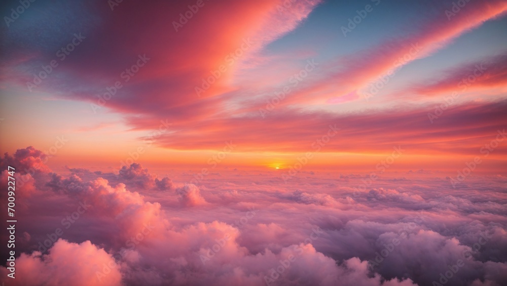 Sky at sunset with clouds in purple tones, image from the perspective of an airplane. Generative AI