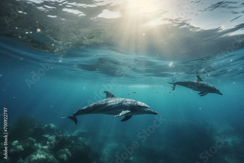 Illustration of dolphins swimming in the ocean. Generative AI photo