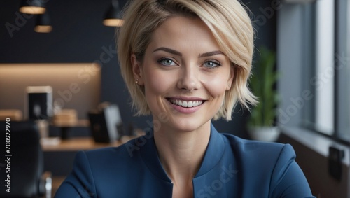 Confident Businesswoman in a Blue Suit in Workplace Setting. Generative AI