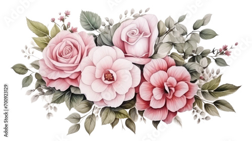 A watercolor illustration of a floral arrangement with peach roses, green leaves, and small pink flowers