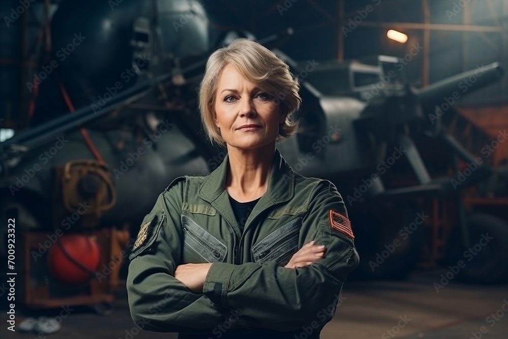 Portrait of mature female pilot standing with arms crossed in airplane hangar