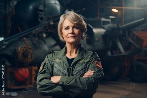 Portrait of mature female pilot standing with arms crossed in airplane hangar