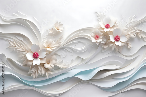 Elegant White Silk Satin Beige Waves 3D Design Illustration Background with Diamond Painted Bright Color Floral and Flowers. 3D Abstraction Interior Mural Wallpaper 