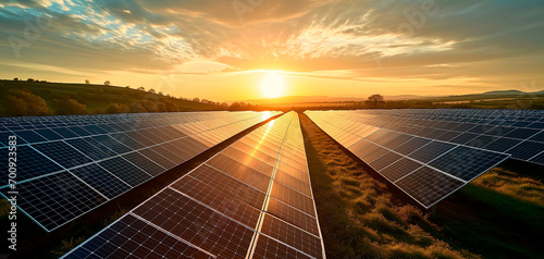 Image of solar panel field at sunset. Alternative and renewable energies, climate emergency concept