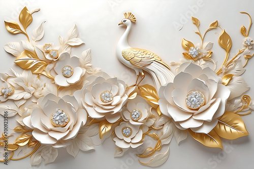 Luxury Elegance Leather Base 3D Design Illustration of White and Golden Color Combination Seamless Pattern Flowers with Diamonds and Peacock. 3D Abstraction Wallpaper