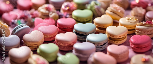 Delicious and festive display of colorful macarons and soft, glowing lights.