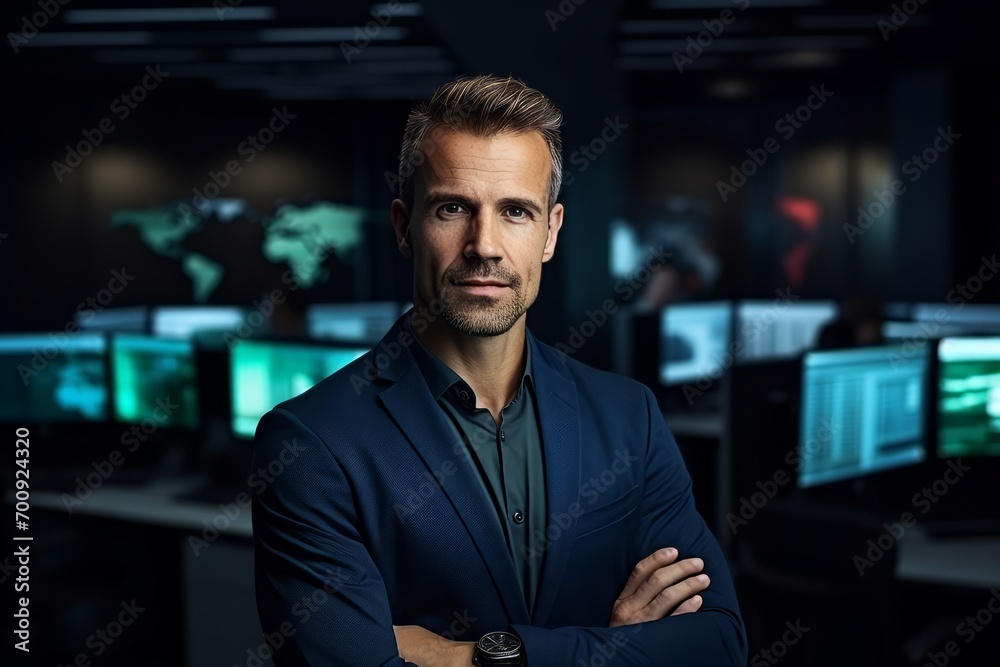 Portrait of a handsome mature businessman standing in office with arms crossed