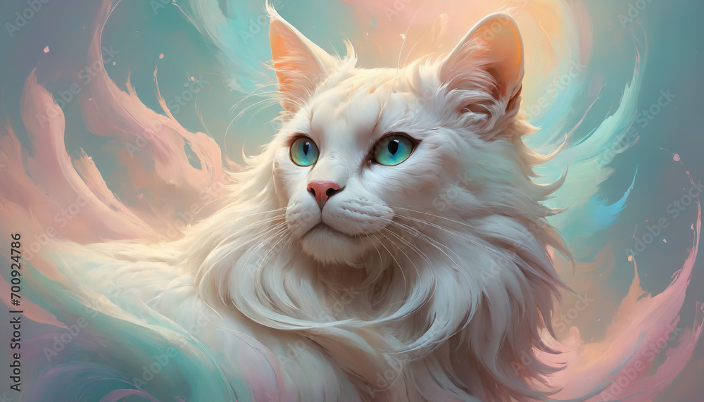 Fototapeta premium Fantasy Illustration of a cat. Digital art style wallpaper background.