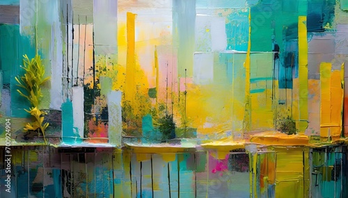 Abstract painting with a mixed texture of paint coating media and organic materials with vibrant colors