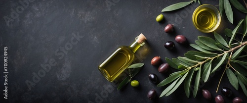 Bottles of olive oil, with olives and olive branches on a dark background with empty copy space. Generative AI. © CZALBERTO