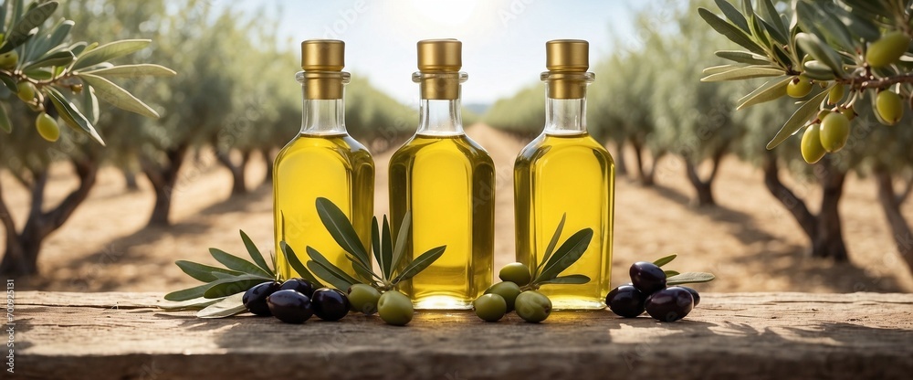 Golden Essence: Olive Oil Bottles Framed by a Lush Mediterranean Grove. Generative AI