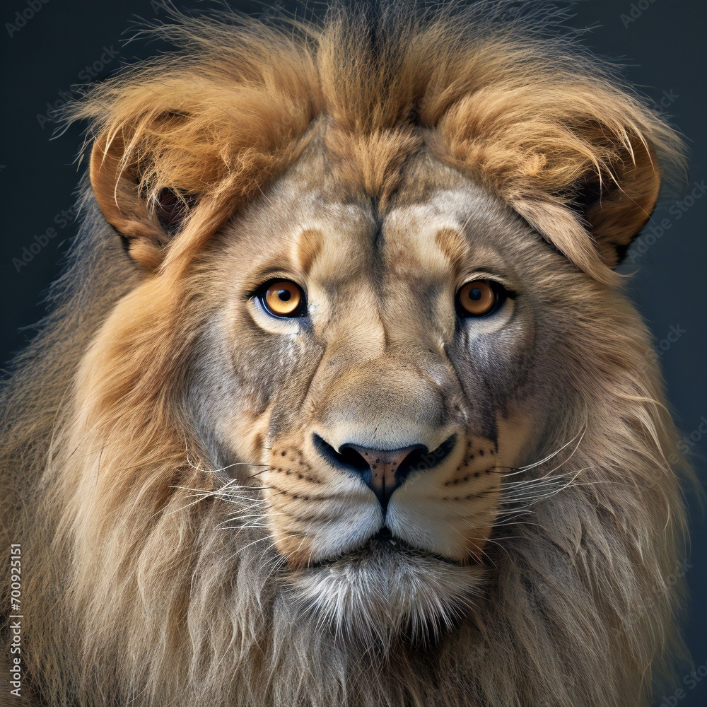 Portrait of a male lion in front of a dark background