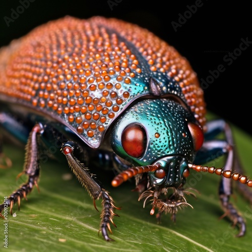 Macro shot of a colorful beetle on a green leaf in nature © Nguyen