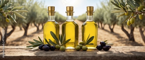 Obraz na płótnie Golden Essence: Olive Oil Bottles Framed by a Lush Mediterranean Grove. Generative AI w salonie