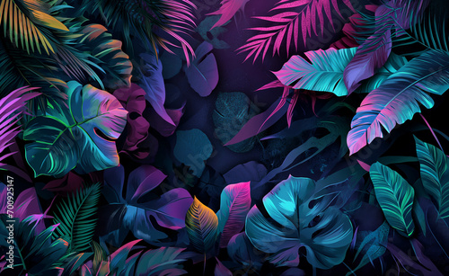 Vibrant and lush illustration of tropical leaves against a dark background.
