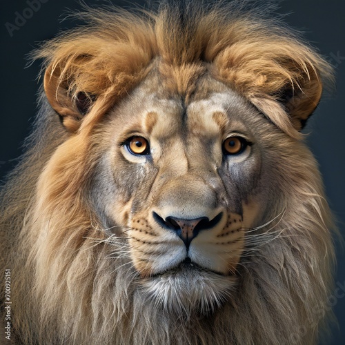 Portrait of a male lion in front of a dark background