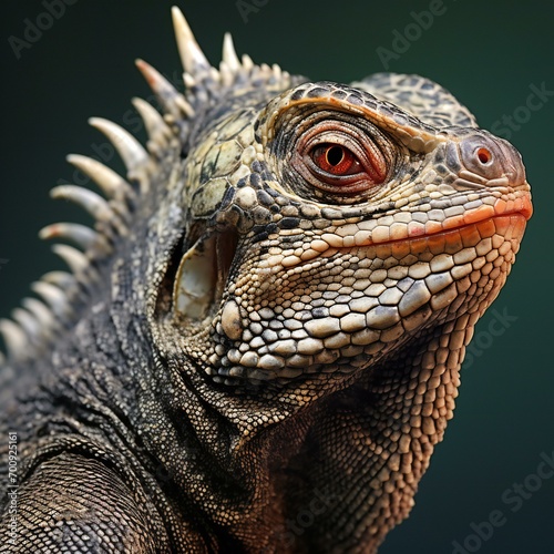 Close up portrait of a green iguana  isolated on dark background